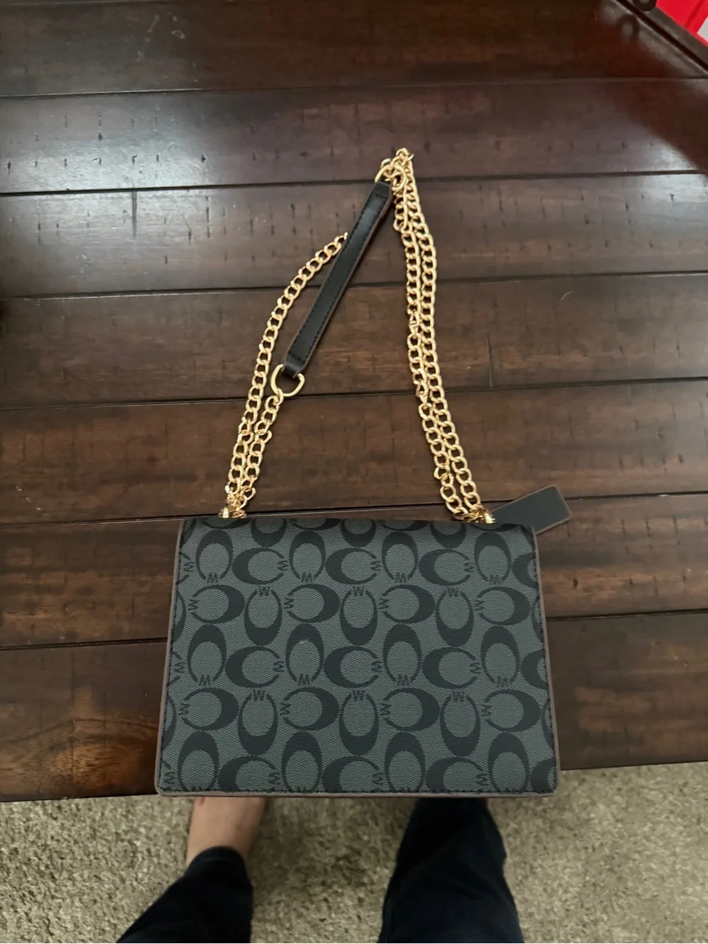 Black Signature Canvas Shoulder Bag with Gold Chain